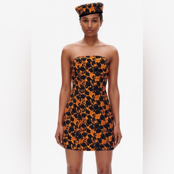Baum und pferdgarten orange & black floral mini strapless a line dress NWT party
